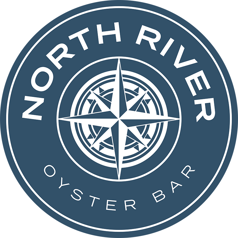 Circular logo with a white compass rose in the center and the text North River above and Oyster Bar below on a dark blue background.